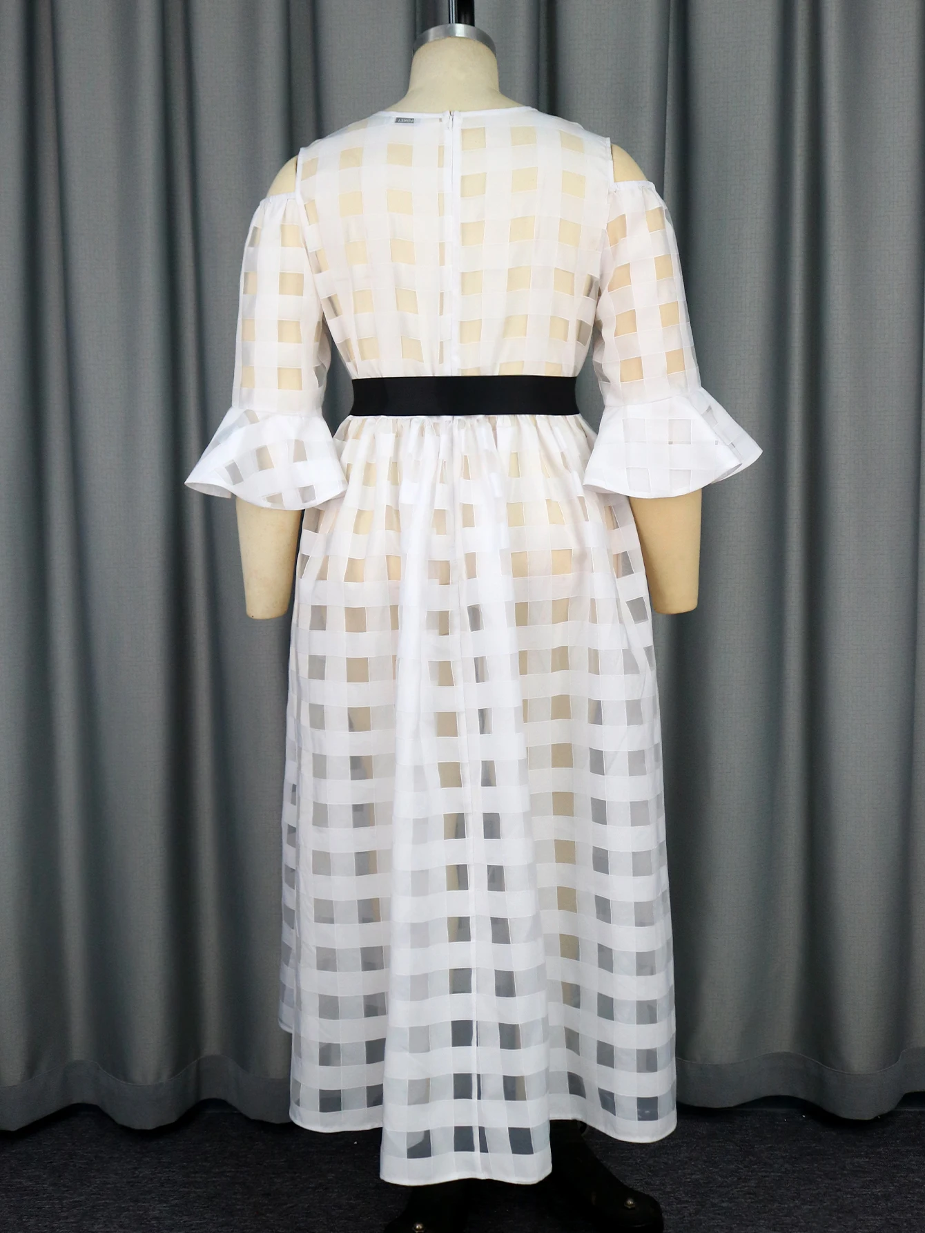 Flare Sleeves Cold Shoulder See Through A Line Women Casual Dress with Belt