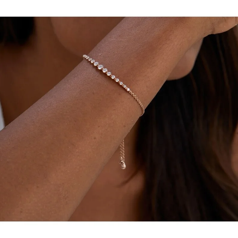 Lab Grown Diamond Semi-Half Bracelet 10k 14k 18k Gold White Yellow Rose Bracelets Custom Gift for Women Make to Order HPHT CVD
