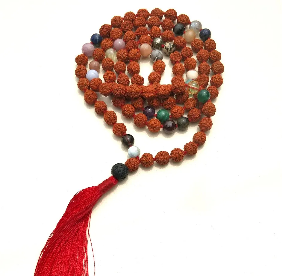 Должен купить натуральные драгоценные камни Rudraksha 108 бусины с узлом ювелирные изделия для йоги ручной работы индийские бисерные ожерелья OEM Прямая поставка