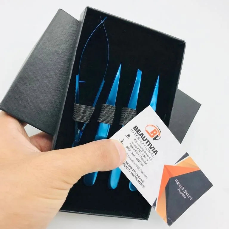 Brow Tweezer Blue Plasma Cosmetic Tweezers Wholesale Stainless Steel Slanted Pointed Eyebrow Tweezers Scissors set