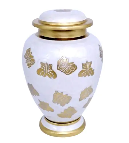 White Funeral Cremation Urn with Gold Butterflies Mariposas Model in Brass for Human Ashes