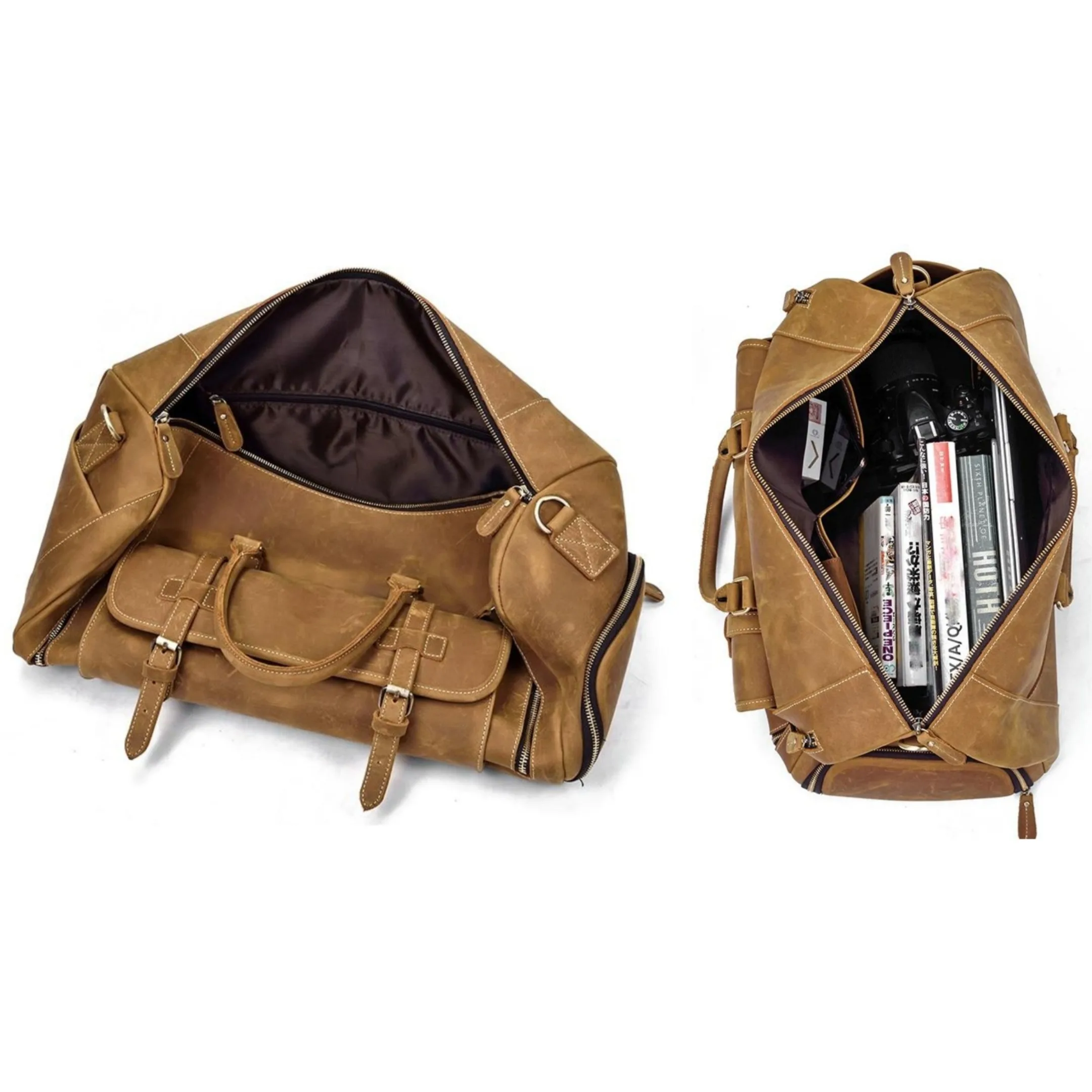 High-End Crazy Horse Genuine Leather Duffel Bag YKK Zipper Multiple Pockets Shoe Compartment Weekender Business Trips Gym Use