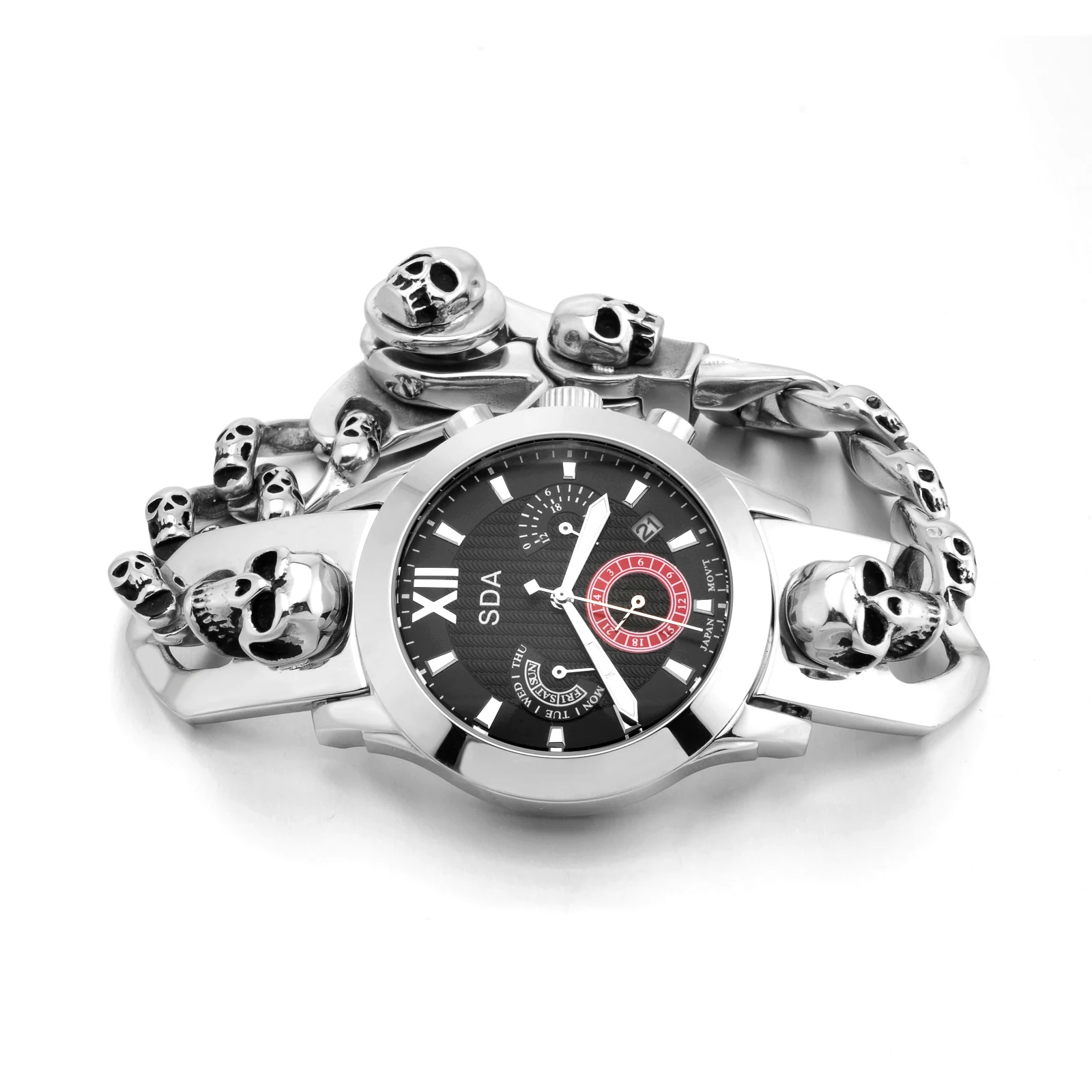 Motorcycle Chain-Men Watch Stainless Steel Skull Buckle Link Chain Watch for Men Stainless Steel Punk Style Watch Jewelry