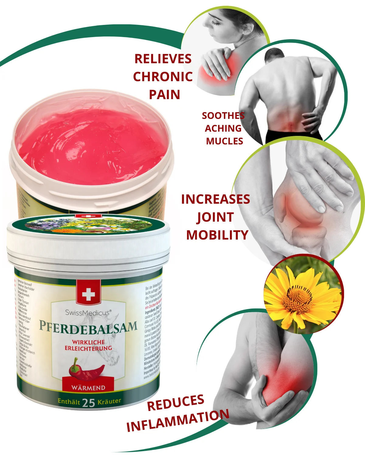 SwissMedicus Pferdebalsam warming for joints & muscles, Swiss quality, Pain relief cream, Varicose veins,  500 ml
