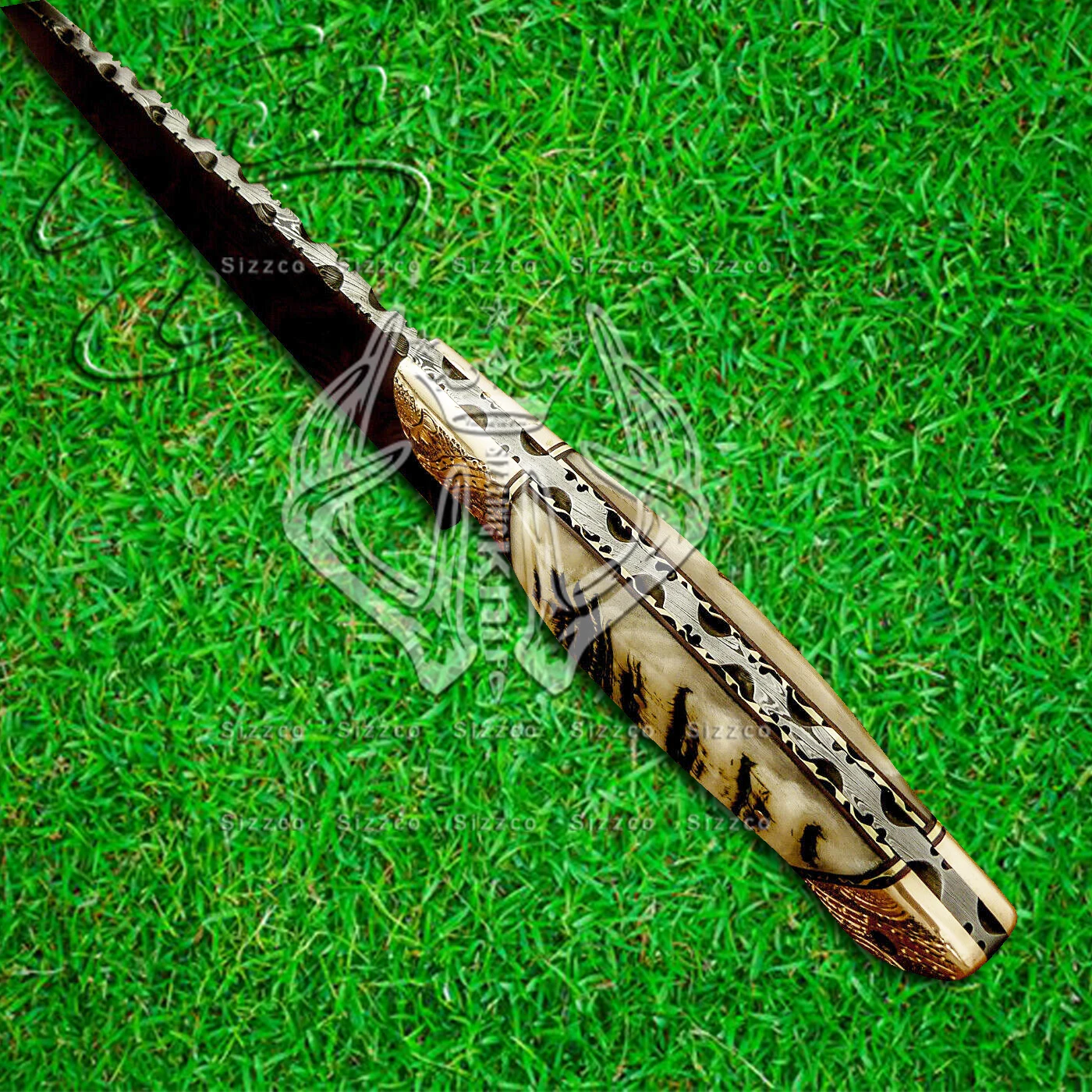 High Quality Custom Damascus Steel Kitchen Chef Knife Handle Ram Horn, Engraved Brass, Leather Sheath Top Rated Selling item