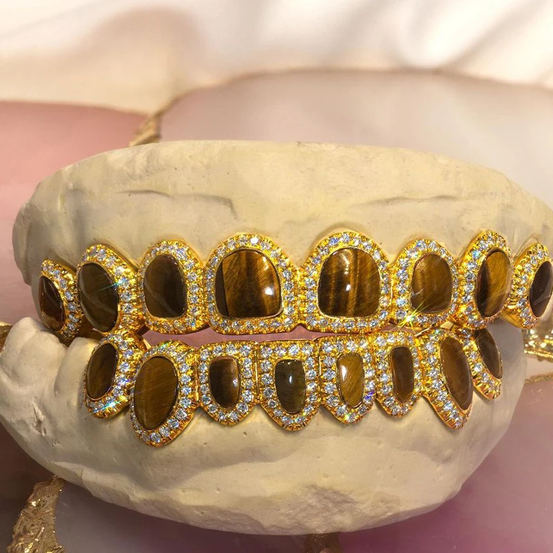 Honeycomb Custom Moissanite Opel Grillz Round Perm Cut 18k Gold Plated VVS Diamond Hip Hop Iced Out Jewelry Grillz
