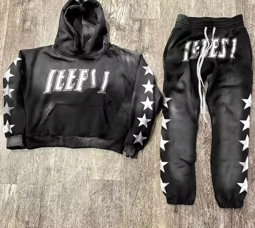 Heavyweight Unisex Tracksuit Custom Acid Wash Jogger Streetwear Screen Printing Sweatpants And Hoodie Set For Men