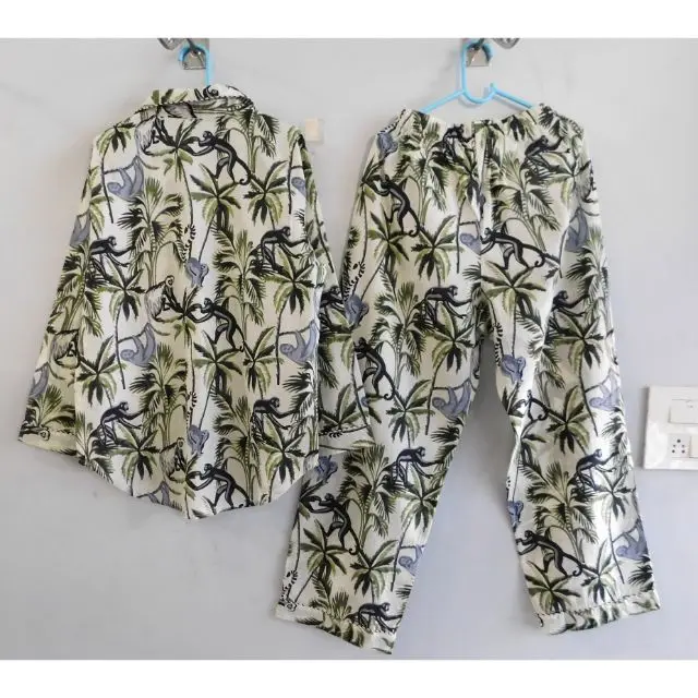 Indian Cotton Monkey Hand Block Printed Green Casual Sleepwear Long Sleeve Night Suit Comfortable Pajama Set