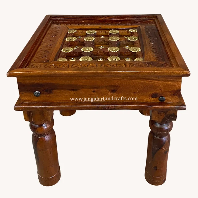 Living Room Brass Fitted Furniture Wood Coffee Table Antique Vintage Center Table with Solid Wood Leg Indian Furniture Exporter