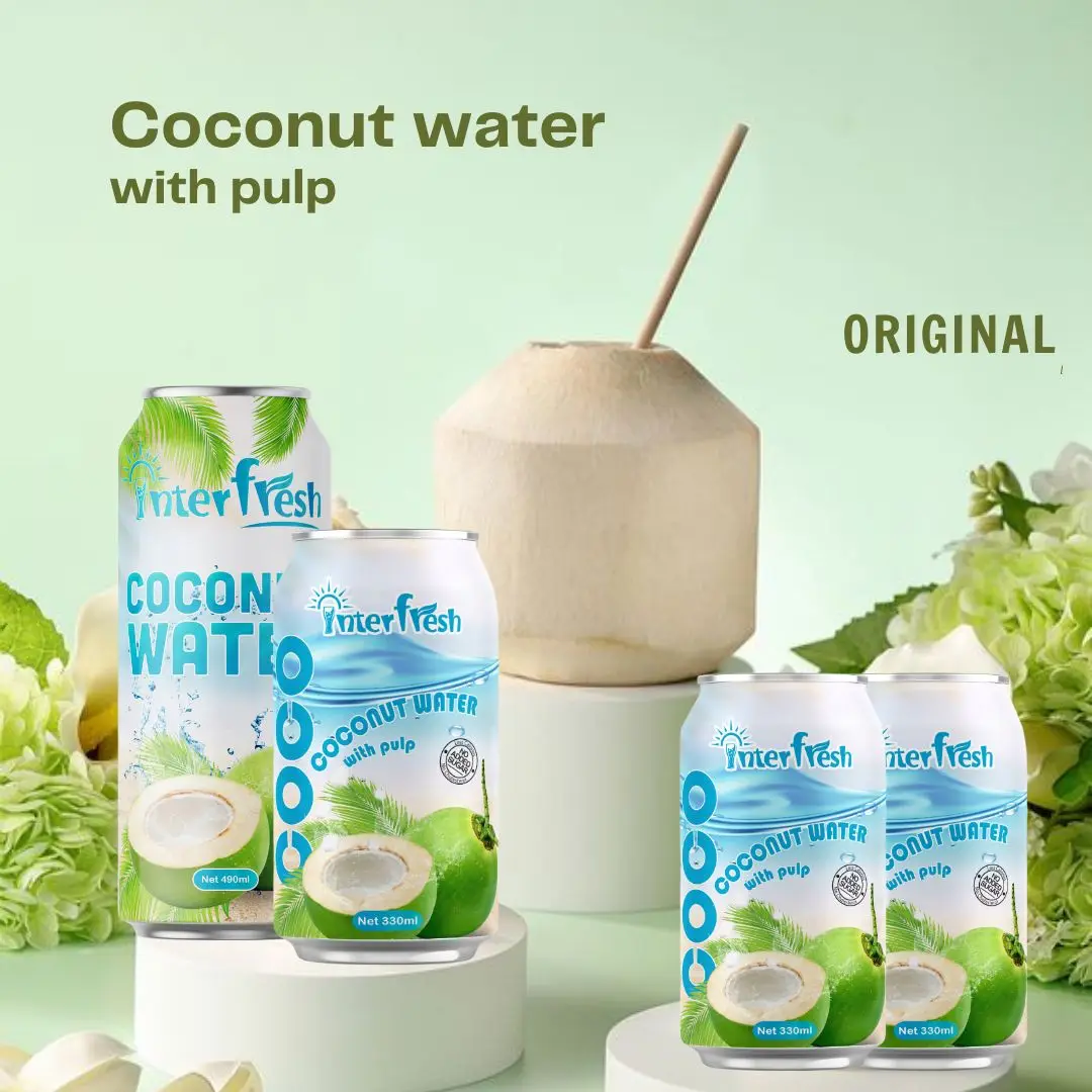 Ready to ship Pure Coconut Juice Can 330ml INTERFRESH HALAL Organic Beverage OEM Manufacturer Coconut Juice Drink With Pulp