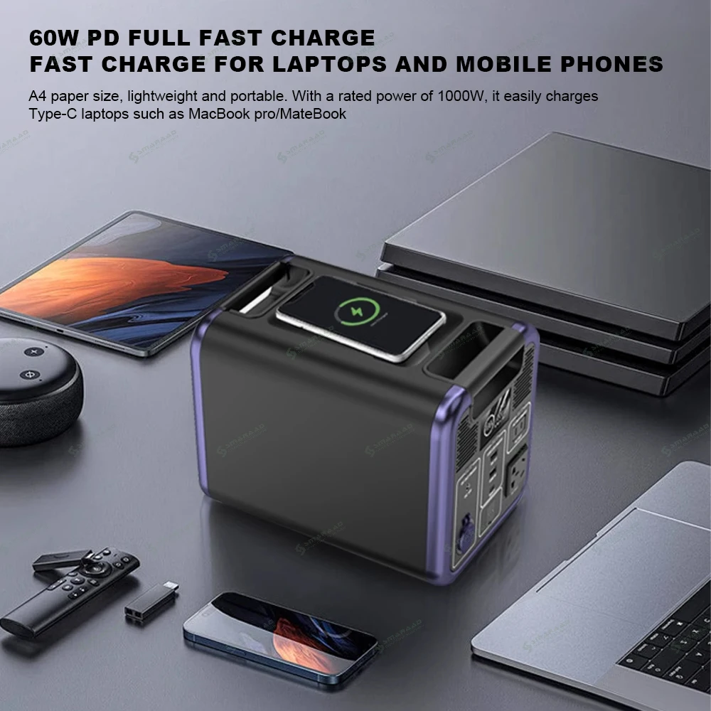 Portable Solar Power Station 800W 1200W LiFePO4 Battery Backup With 220V AC Outlet Wireless Charging Type-C LED Flashlight