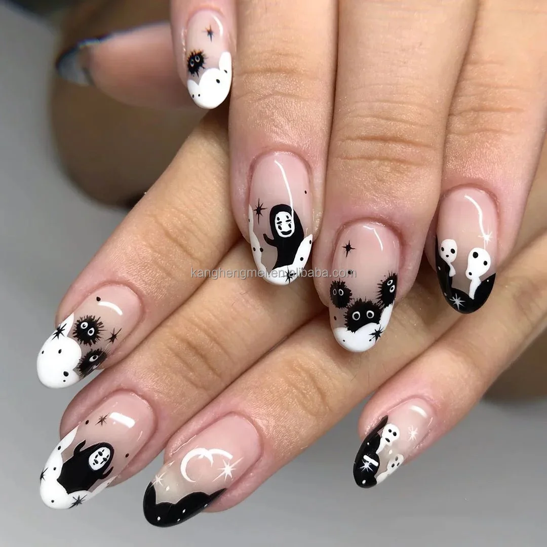 24 pcs  Round Nails Nude Cute Kawaii Halloween Nails Ghost Face Pink Cute Press On False Nails