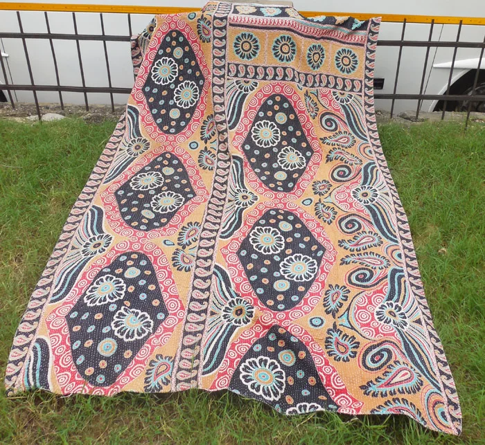 Cotton Kantha Quilt Printed Indian Handmade Vintage Kantha Quilt Hand Stitching Indian Reversible Kantha Quilts