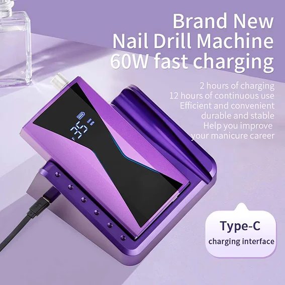 2024 New3 Colors Strong Brushless Nail Drill Rechargeable Portable Professional 40000 Rpm Nail Drill Machine