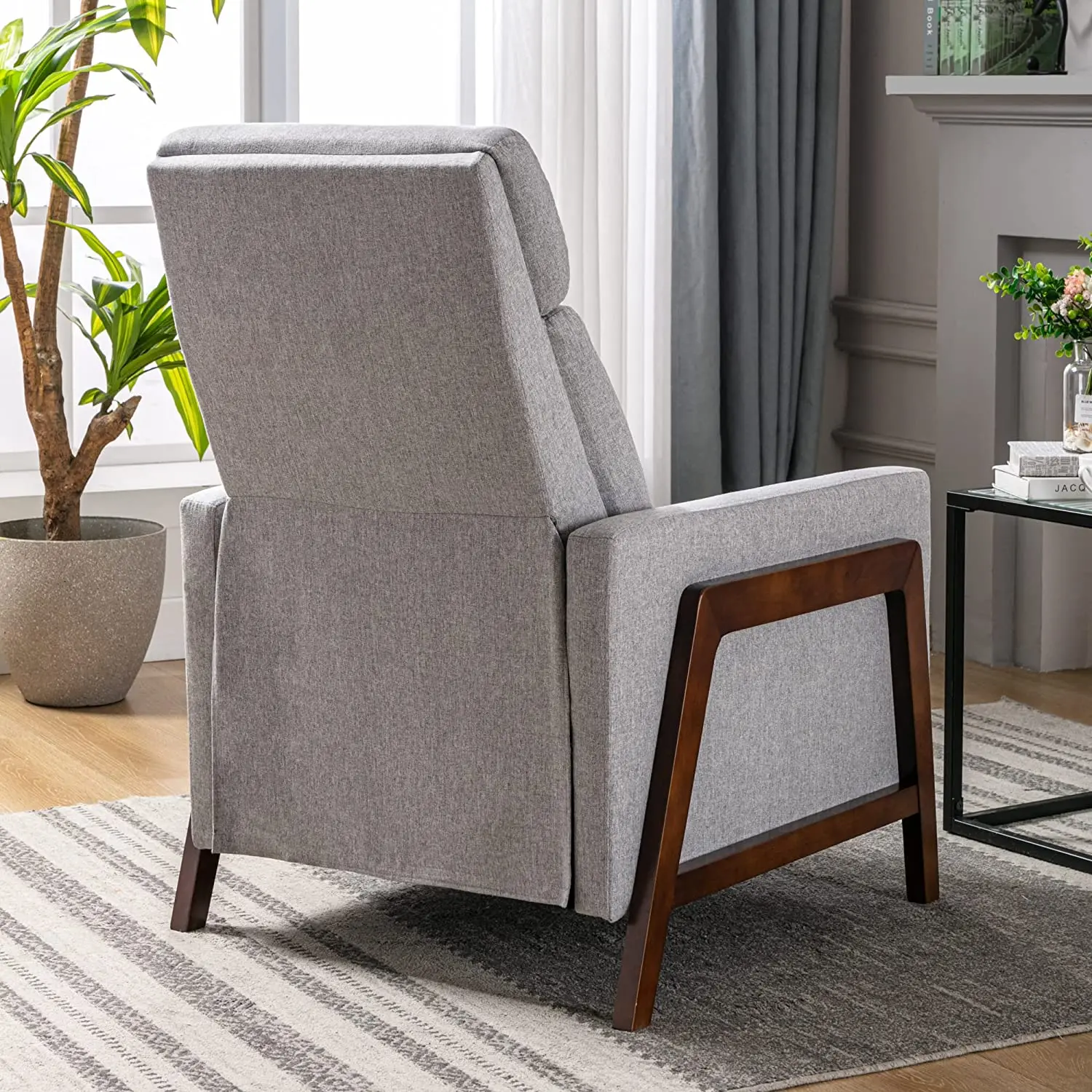 THLCr - 0029 Upholstered Recliner Chair with Thick Seat Cushion and Backrest Wood Greywood Accent Armchair for Living Room