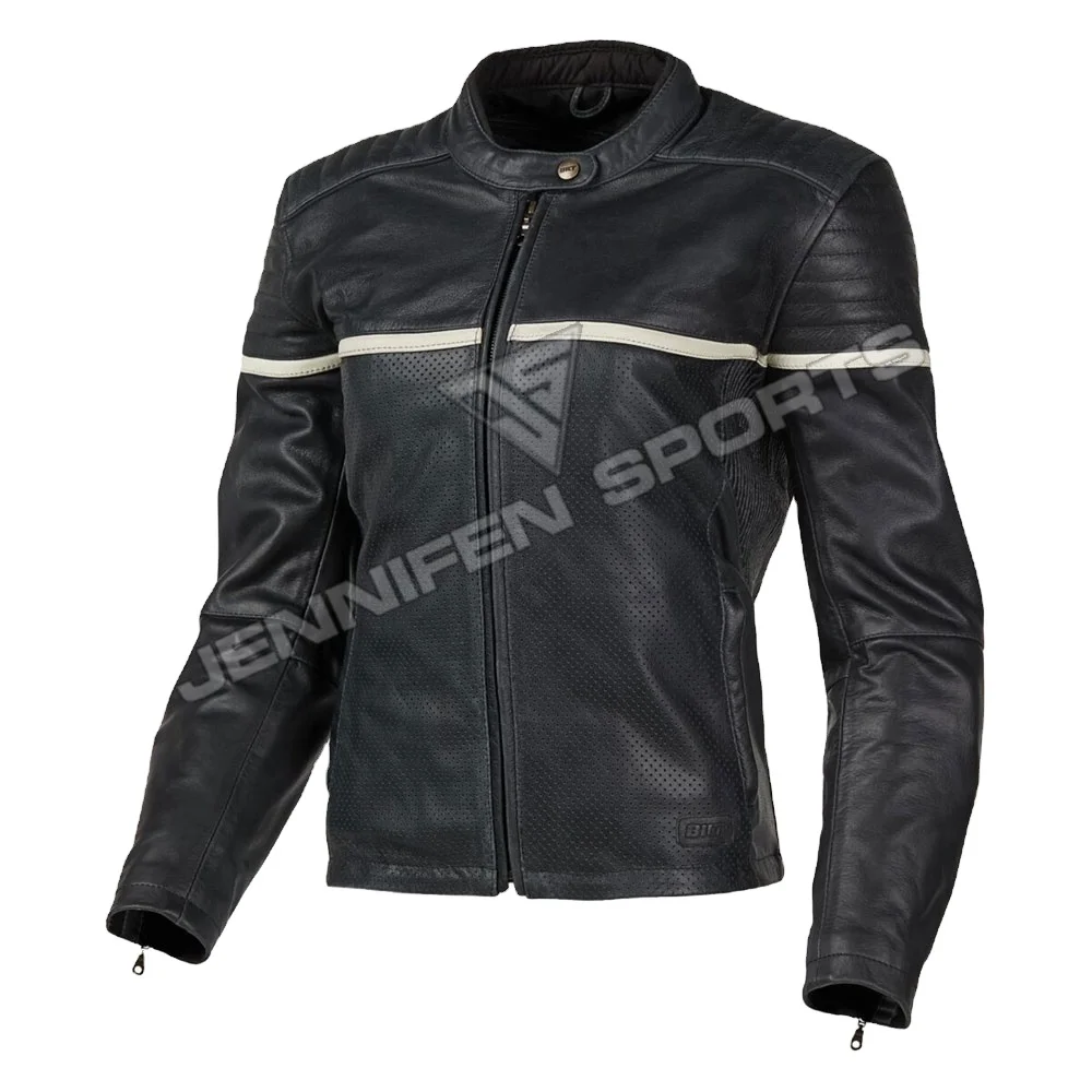Women High Quality Motorcycle Genuine Cowhide Smooth/Perforated Leather Jacket Front Zipper Side Pockets Inside Quilted Lining