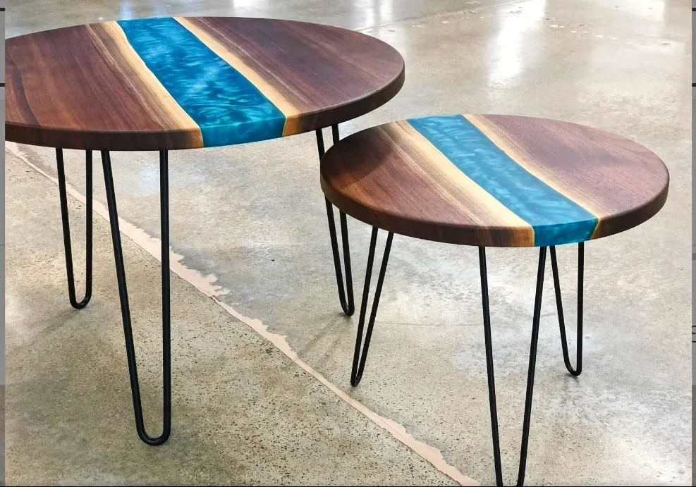 Solid Wood Epoxy Resin Nesting Table 24 inches and 16 inches Metallic Blue (Set Of 2