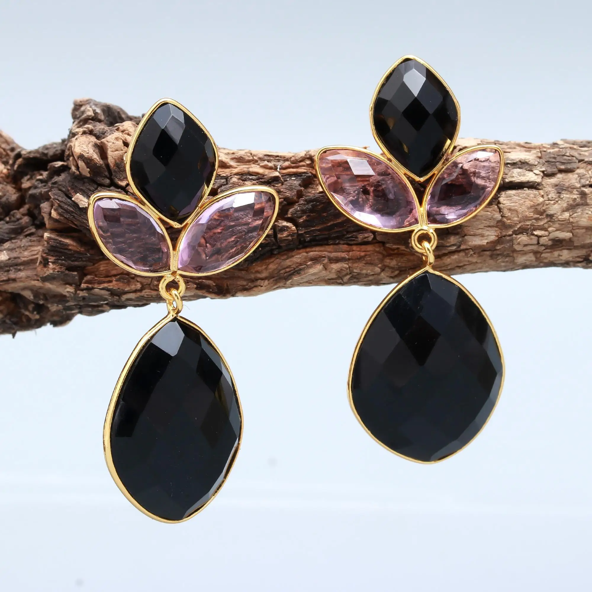 Black Onyx Pink Quartz Cut Gemstone Earring Gold Plated Stud Earrings Handmade Earring Jewelry Party Wear Jewelry Gift For Her