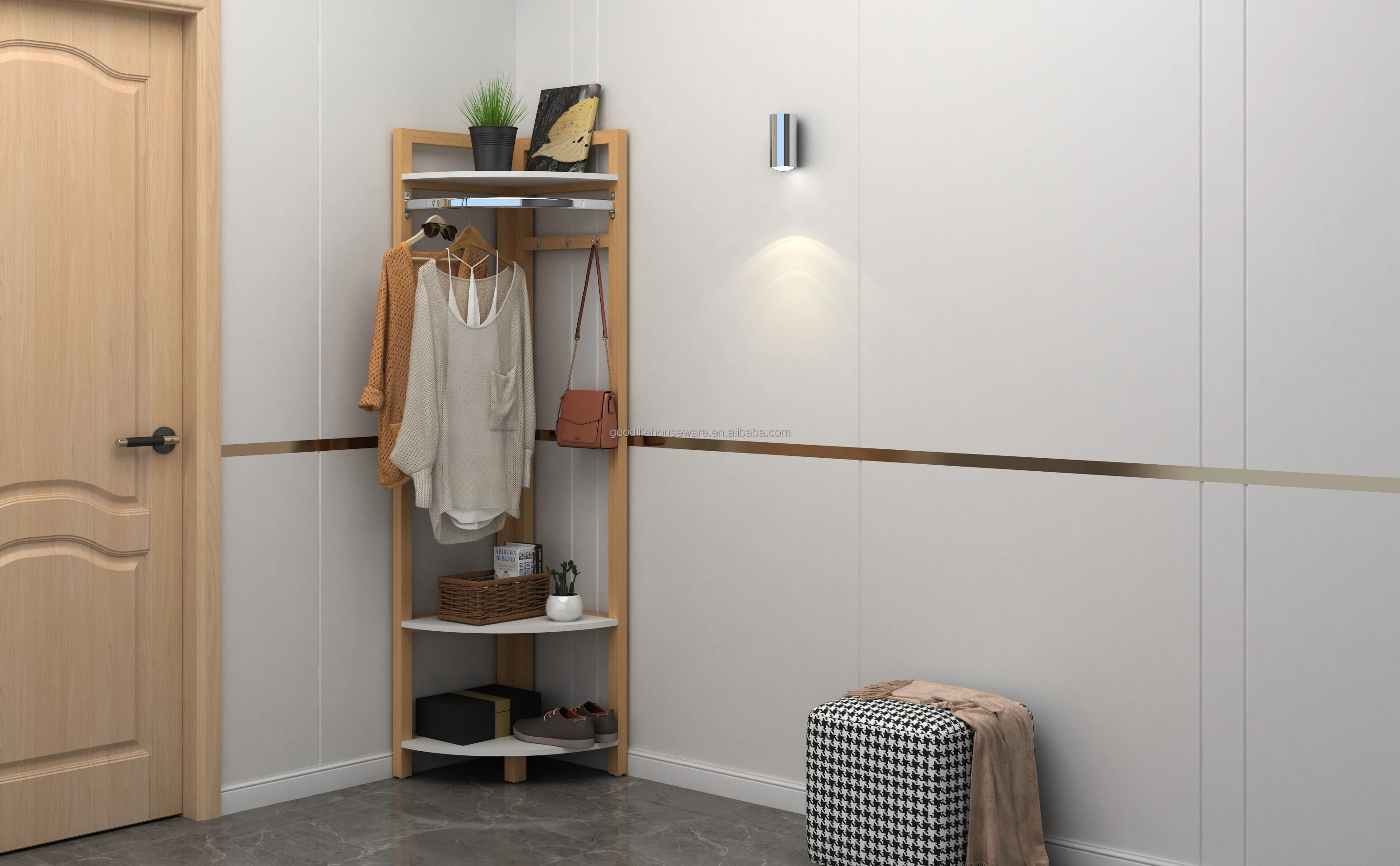 Wooden corner 4-tier shelf free standing Hanger Multifunctional Hallway Storage rack corner shelf