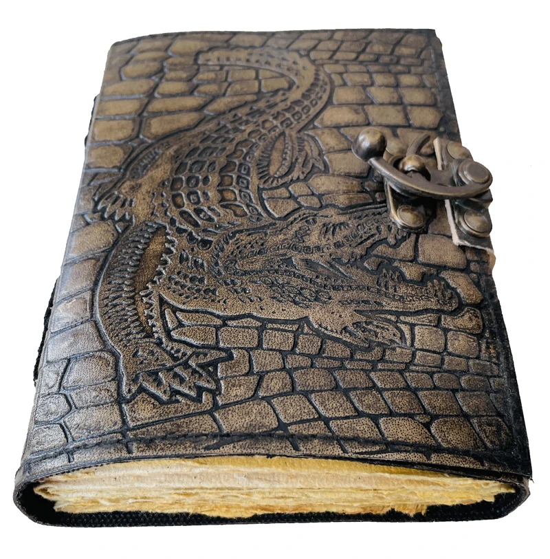 Alligator Crocodile Leather Journal With Custom Handmade Charcoal Book Of Shadow Witchcraft Deckle Edge Paper Notebook With Lock