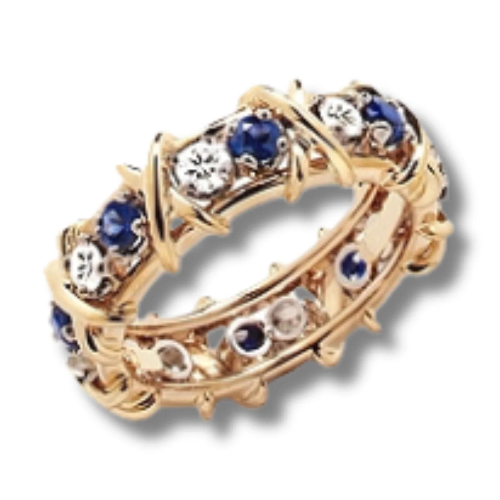 18 Karat Yellow Gold Plated Diamond and Sapphire Sixteen Stone New Fashionable Design Unique Ring
