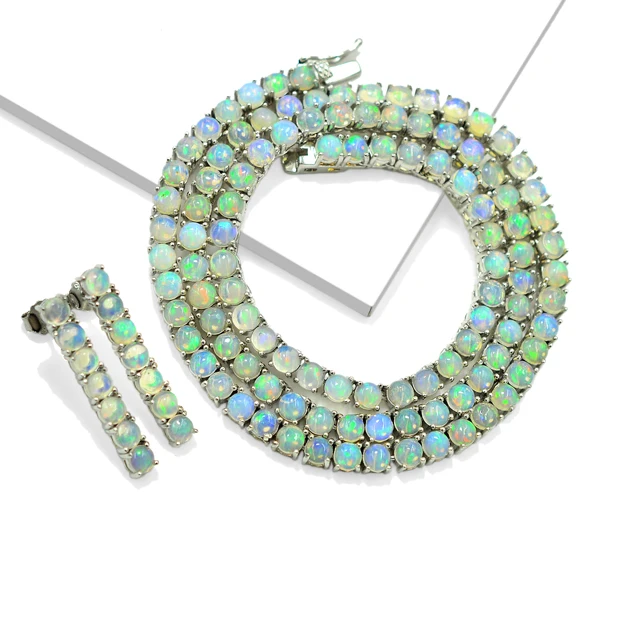 New Exclusive Natural Ethiopian Opal 4 MM Round 925 Sterling Silver Tennis Style Necklace Earring Set Manufacturer From India