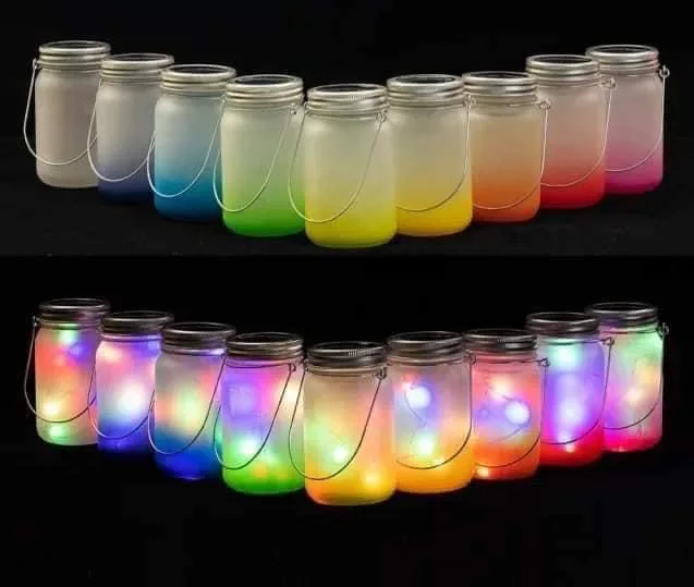 15 oz Waterproof Camping Solar LED Light Lids Gradient Sublimation Frosted Glass Can Fairy Mason Jar with Metal Handle