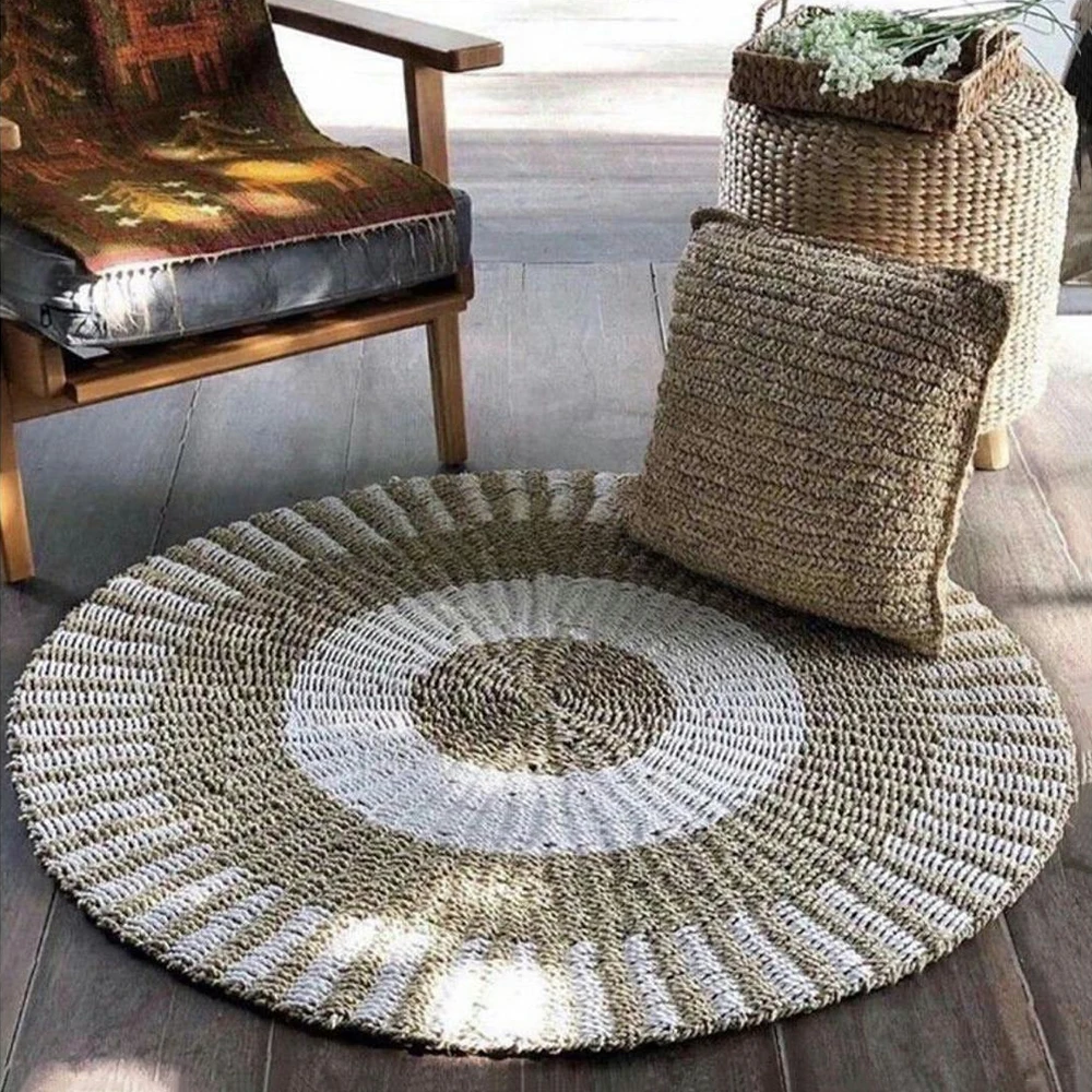 Wholesale Striped Seagrass Round Carpet Area Rug for Living Room Bedroom Bedside Woven Mat Home Decor Carpet Straw Floor Matting
