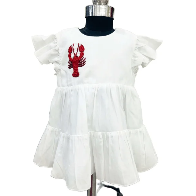 Crawfish Patches O-Neck short Sleeve Midi Kids Dress Wholesale Cute Cotton Dresses Toddler Infants Cute Tiered Frocks