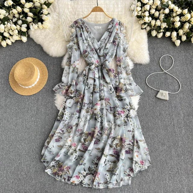 Long Sleeve O-Neck Solid A-Line Dress Autumn Floral Print High Waist Maxi Dress Ladies Elegant Dresses Clothes Women Wholesale