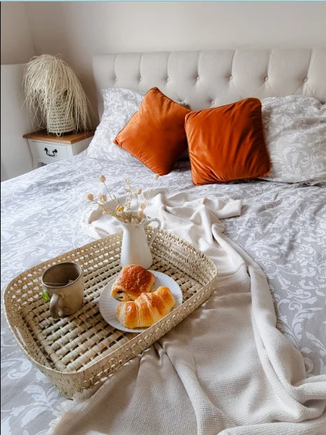 Large Flat Bamboo and Straw Tray with Genuine Leather and Cotton Lining Stylish Lady Hamper for Home or Office