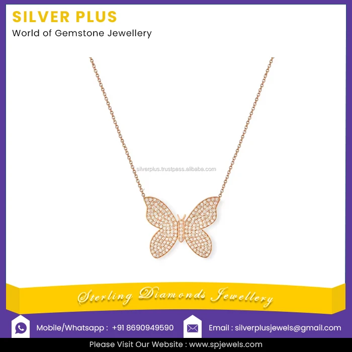 Trendy Design Solid 14K Rose Gold Natural SI Clarity G-H Color Pave Diamond Butterfly Pendant Necklace Manufacturer From India