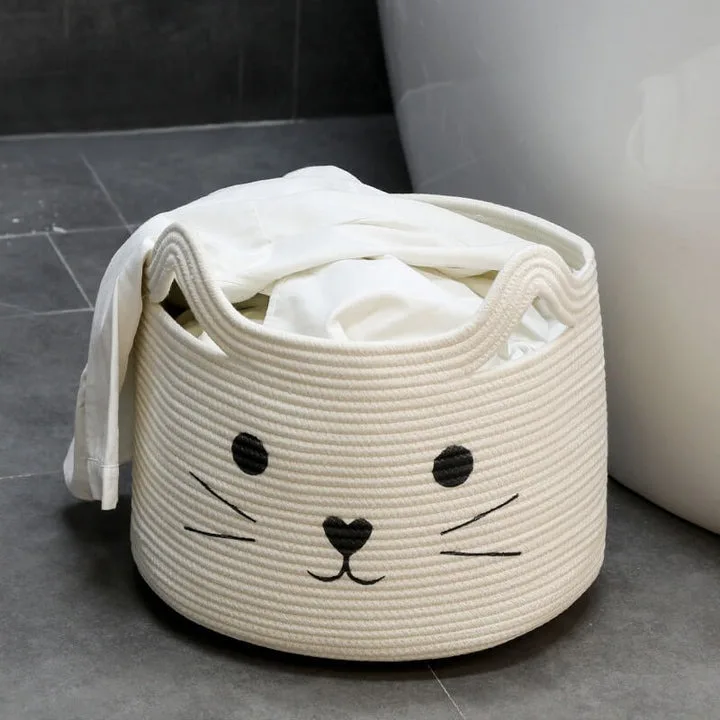 Large Woven Cotton Rope Storage Bin with Cute Cat Design Animal Laundry Basket Organizer for Towels and Blankets