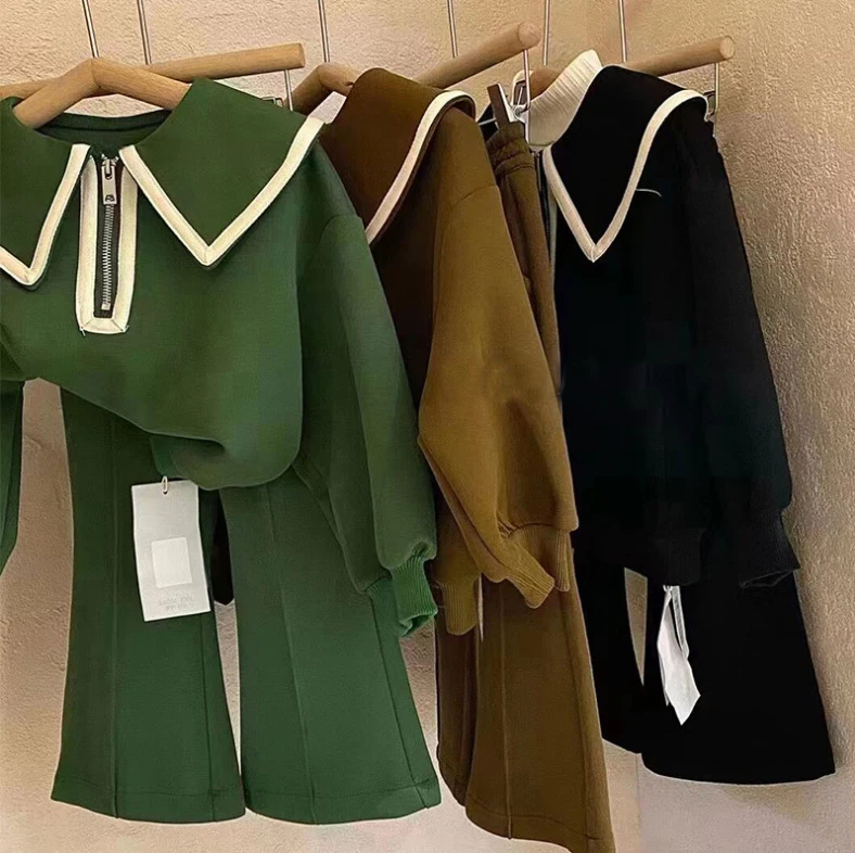 Conyson New Arrival Fashion korea popular girl zip clothing suit wholesale Kids casual solid 2 Pieces Spring Autumn clothes Set