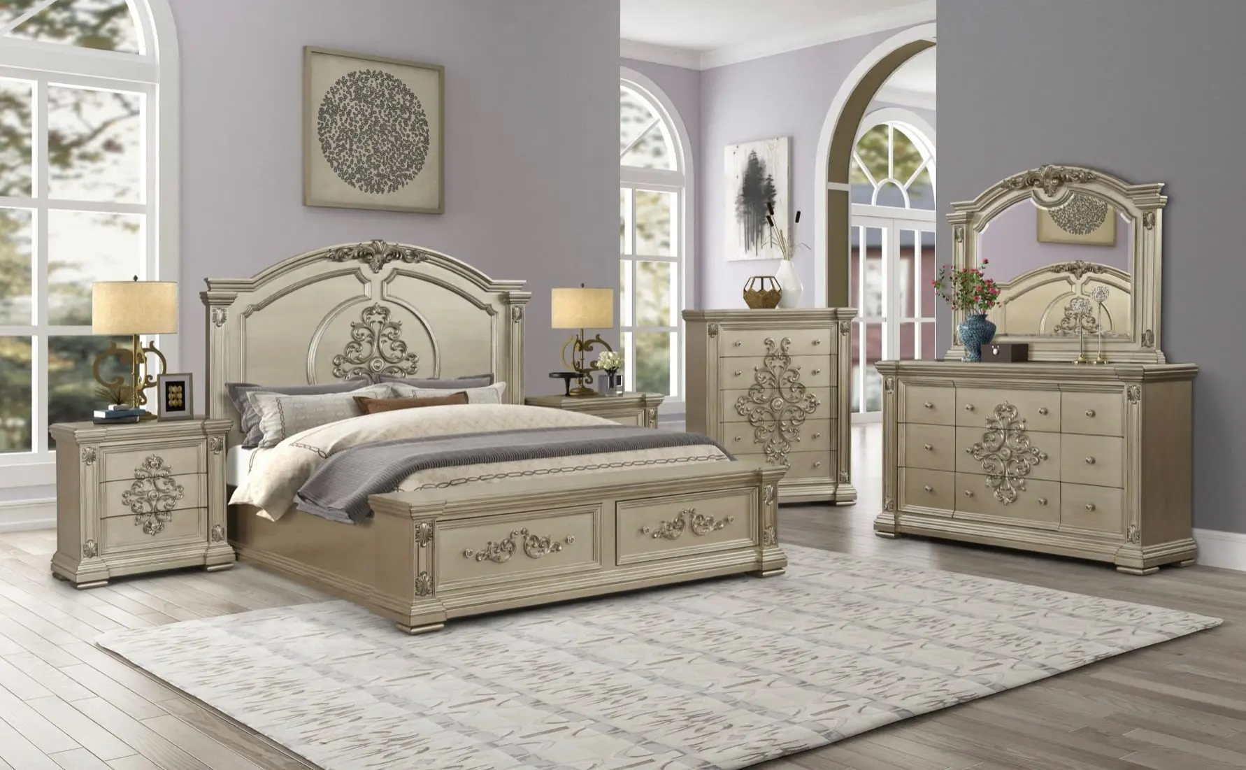 Bed Furniture King Size Storage Cabinet Queen Suite Furnitures Mirrored Solid Wooden Luxury Modern Beds Bedroom Set