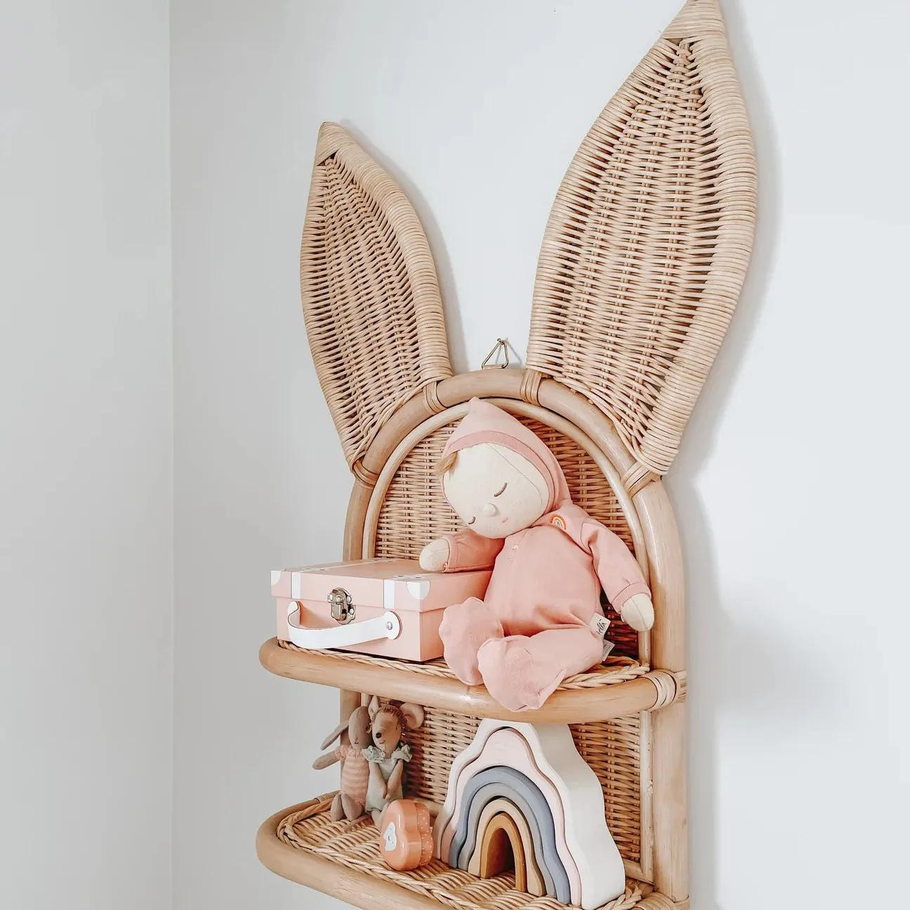 Kids room decoration baby nursery bedroom decorative wall hanging shelf natural rattan rack shelves