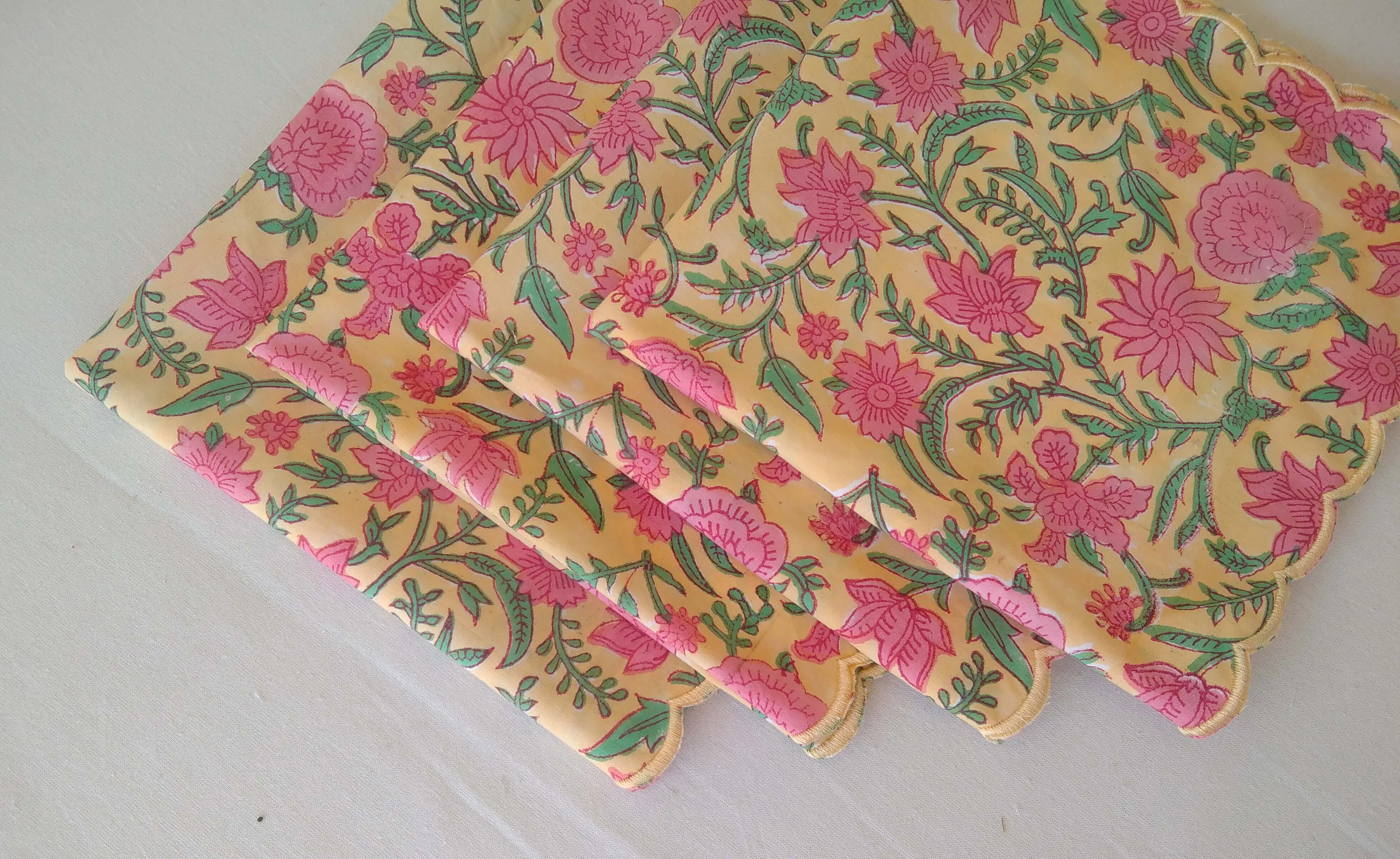 Indian Handmade Reusable Cotton Napkins Set Floral Leaf Hand-Block Printed Embroidered Scalloped Edge Weddings Kitchen Soft