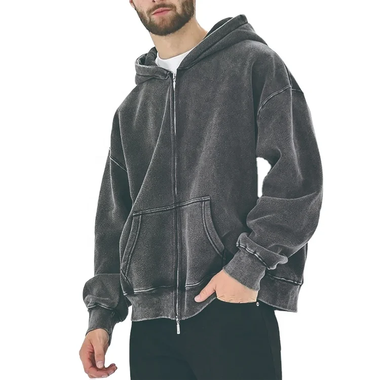 2024 New Street Wear Heavyweight Custom Blank Acid Washed Oversized Full Zip Up Hoodies