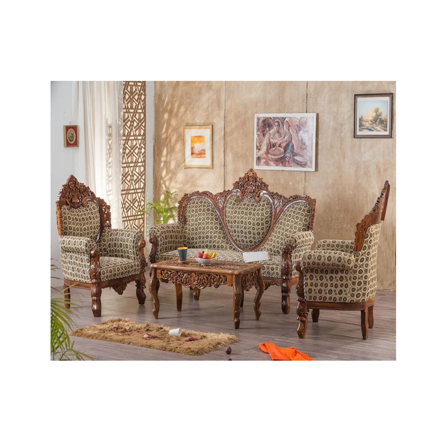 OEM Custom Made Solid Wood Czar Carved Sofa Set with natural Polished Wooden Made For Sale By Exporters
