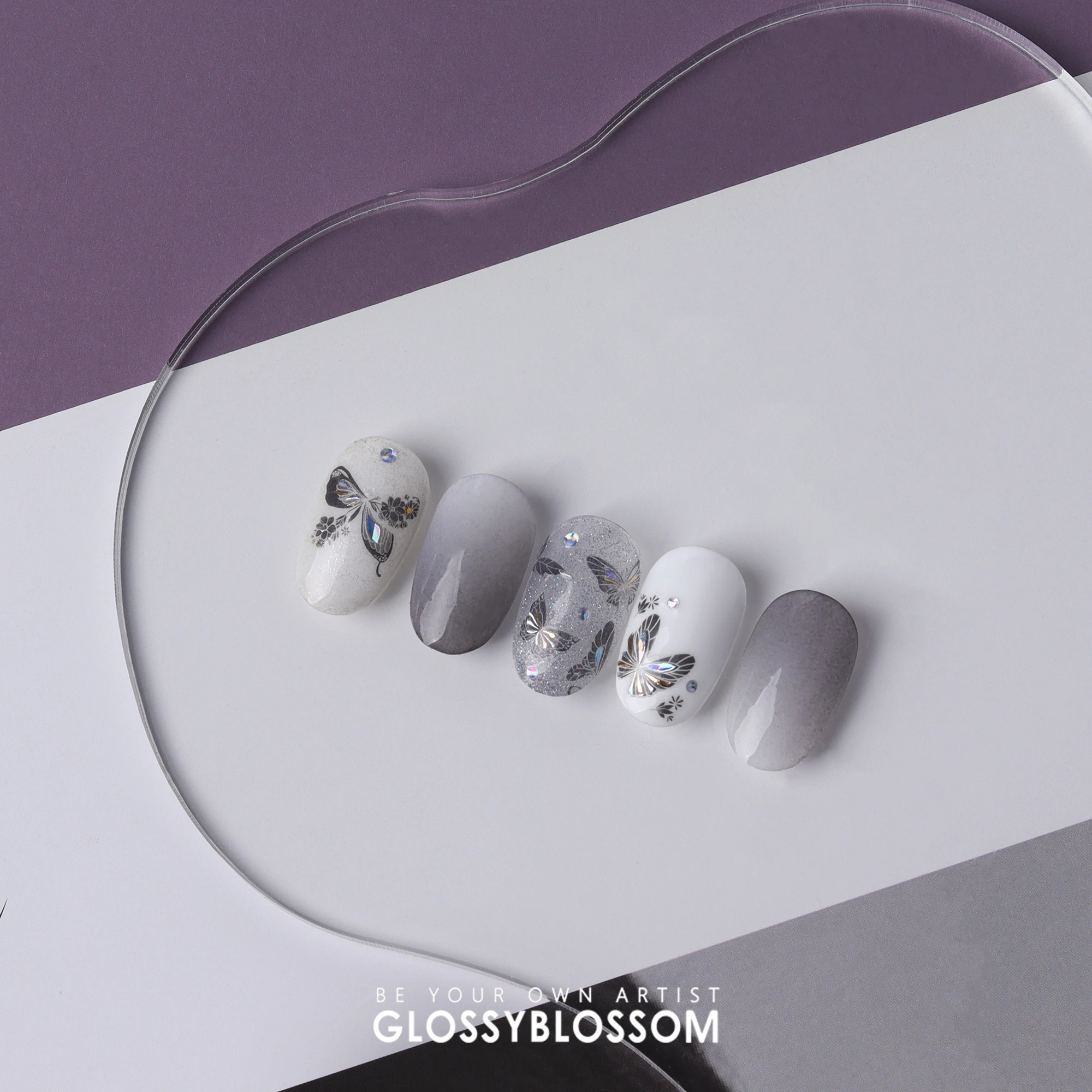 ShineB PARADISE WITH WIND nail stickers See-through White Flower Butterfly with Gold Hologram Line nail design Korea oem odm