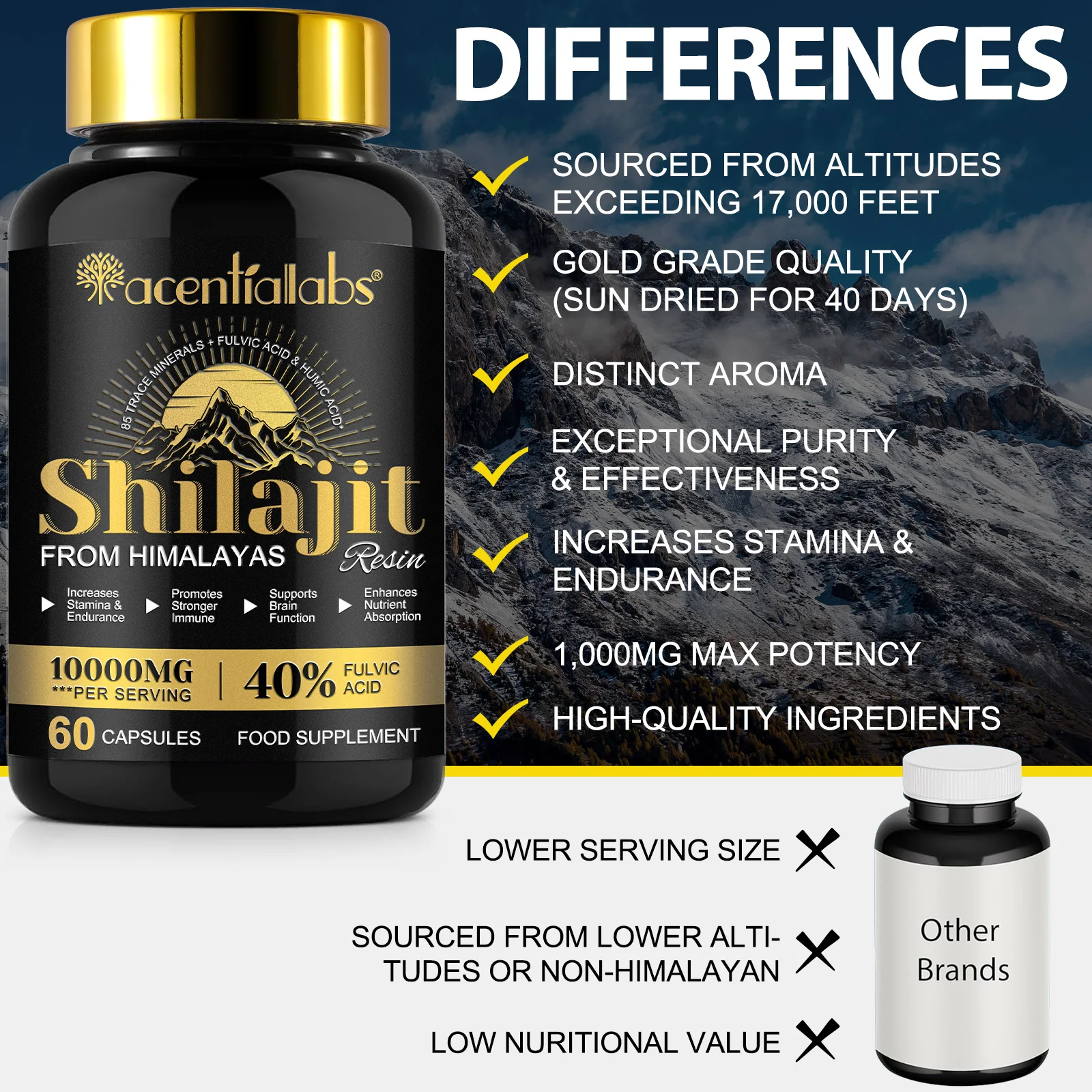 10000Mg Maximum Potency Organic Capsules 60 Count Promotes Stronger Immune Food Supplement Pure Himalayan Shilajit Capsules
