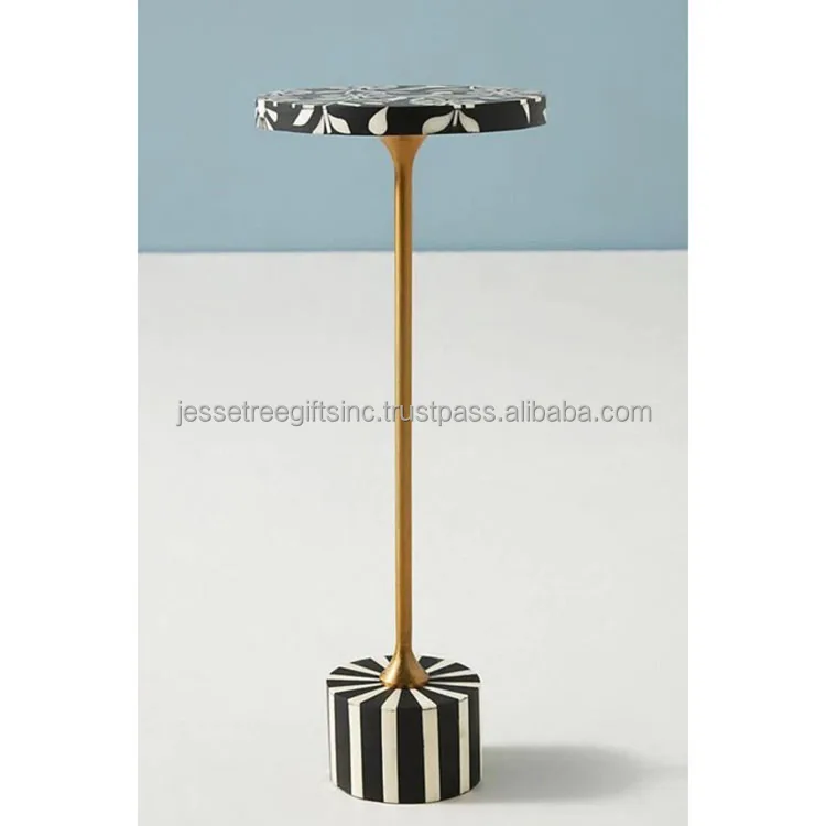 Bone Inlay Resin & Metal Pipe Coffee Table With Gold Powder Coating Finishing Round Shape Floral Design For Living Room