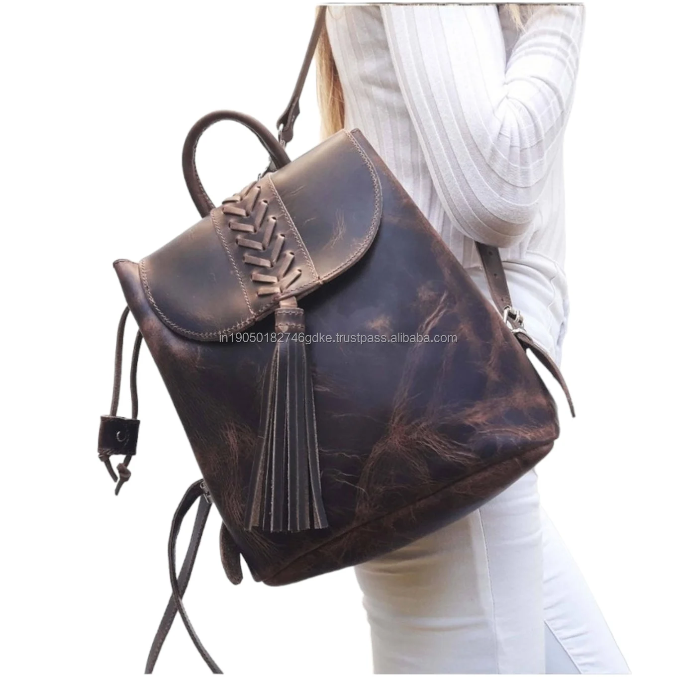 Handmade Unisex Vintage Style Backpack High Quality Genuine Leather with String Carrying System Popular Travel College Backpack