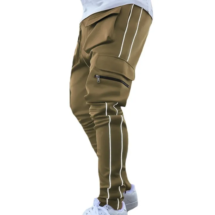 2024 Streetwear Reflective Stripe Cargo Men Stacked Joggers Sweatpants Pants With Pockets Top