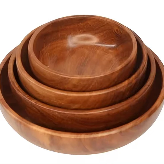 Set of 4 round Wooden Serving Bowls for Home Use Plastic Patterned Salad and Soup Dishes with Temperature Control Free Sample