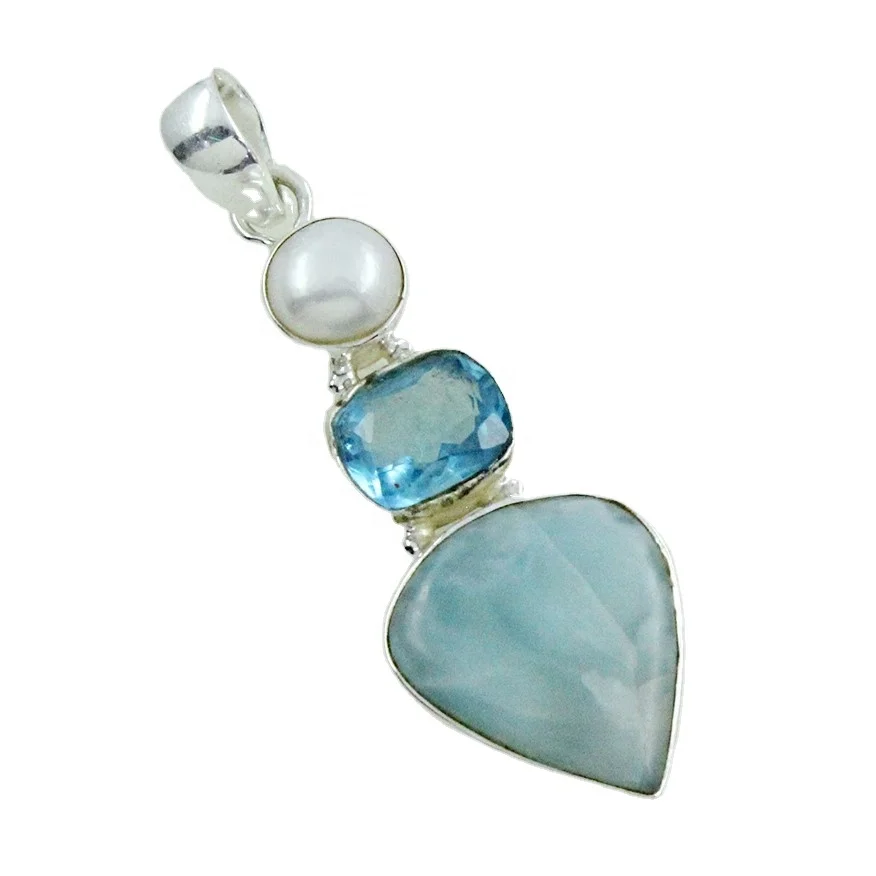 Most Popular Design Pearl, Blue Topaz & Larimar Stone 925 Silver Sterling Pendant Larimar Multi Stone Pendant
