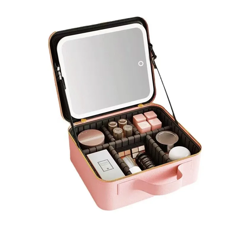 Leather makeup case makeup mirror with LED mirror can store cosmetics travel makeup mirror