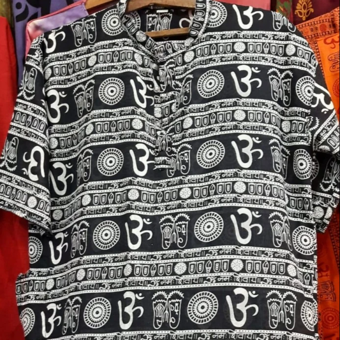 OM Printed Cotton Symbol Hindu Om Hare Rama Hare Krishna Dress Men Ethnic T shirt kurta Long Kurta Shirt Casual Gauze Kurta