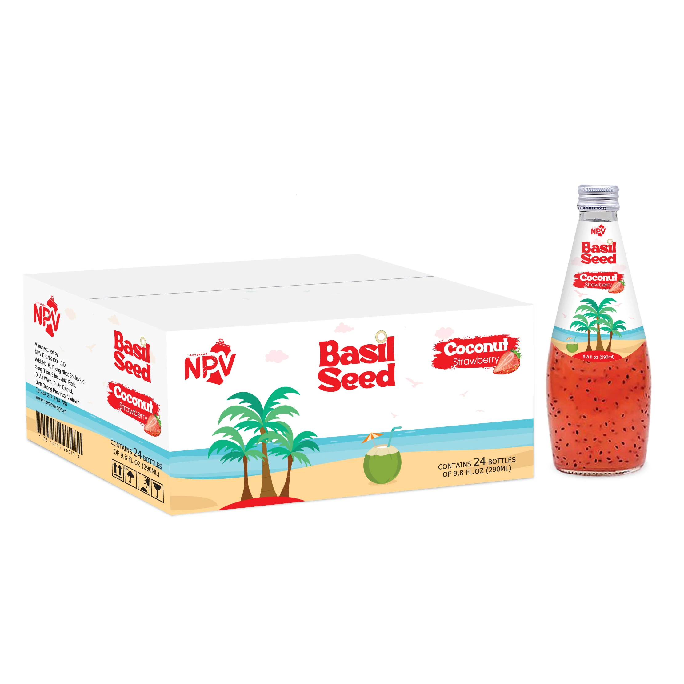 Supplier OEM  290 ml bottle  Basil Seed Drink Coconut Water Strawberry  Flavor Free Sample Free Design