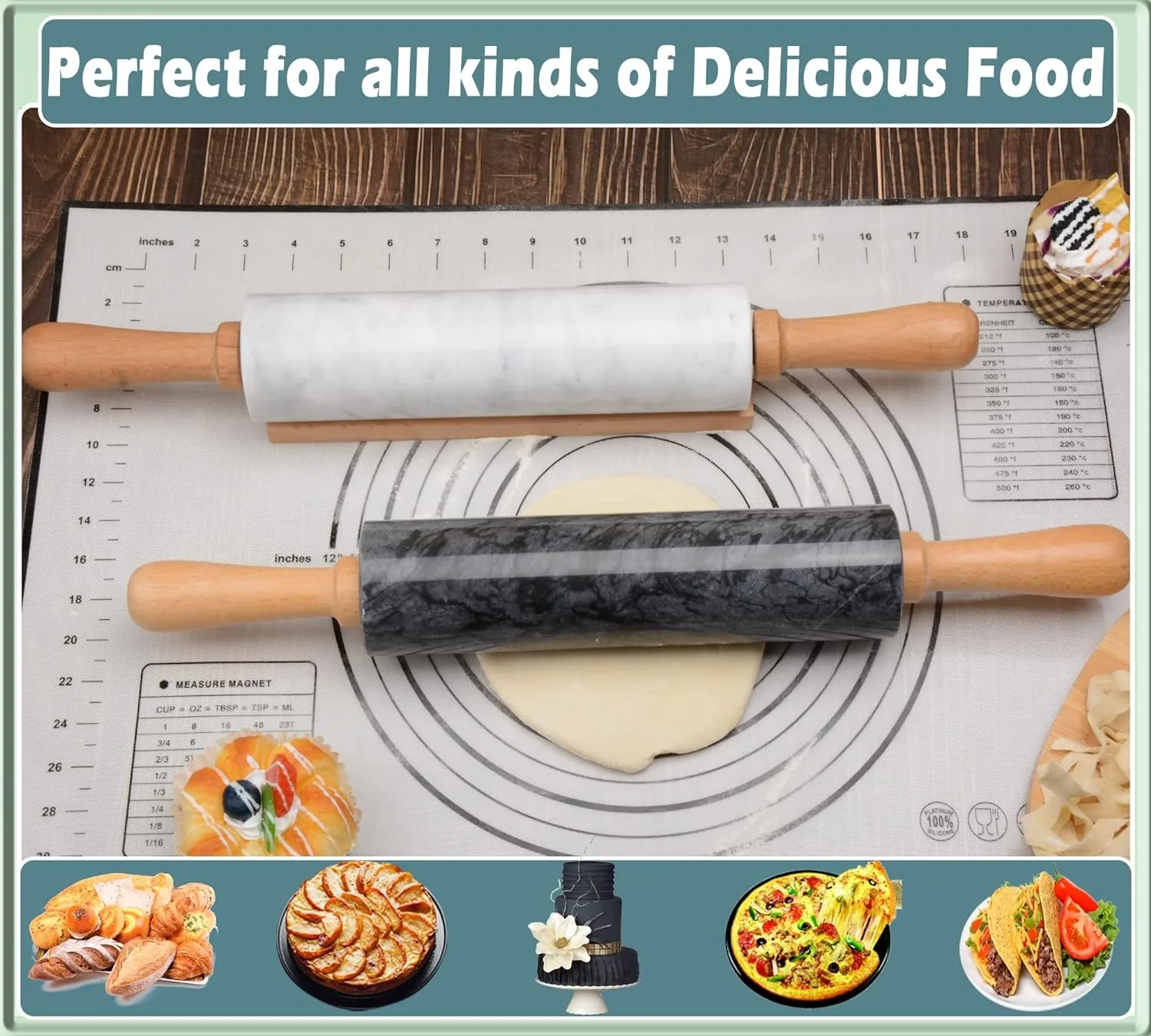 black Marble Rolling Pin with Wooden Cradle Thick Handle Set for Baking,18.5 inch Premium Quality Polished Roller for Pizza Dou